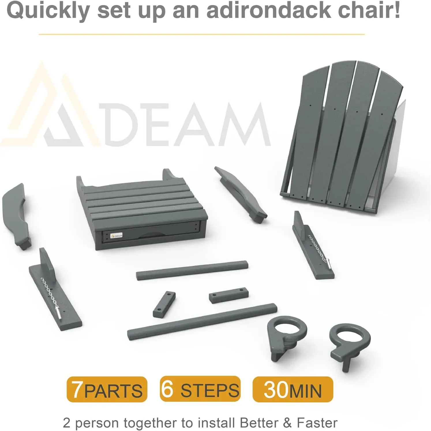 Mdeam Folding Adirondack Chair with Retractable Ottoman, HDPE All-Weather Fire Pit Chair with 2 Cup Holders, Outdoor Chair for Deck Patio Garden Backyard Lawn (Grey)