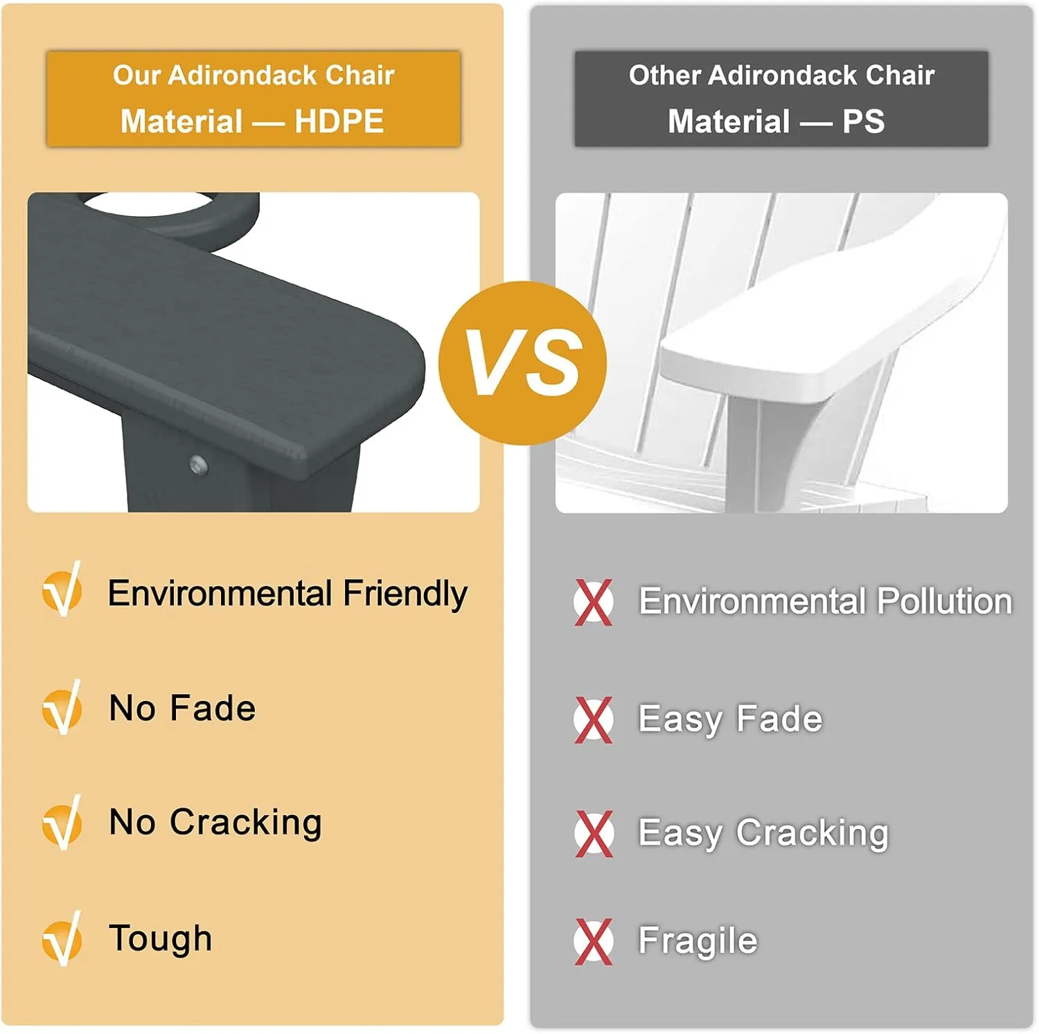 Mdeam Folding Adirondack Chair with Retractable Ottoman, HDPE All-Weather Fire Pit Chair with 2 Cup Holders, Outdoor Chair for Deck Patio Garden Backyard Lawn (Grey)