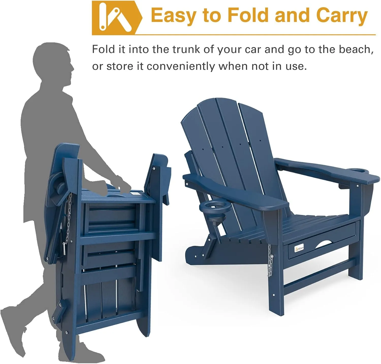 Mdeam Folding Adirondack Chair with Retractable Ottoman, HDPE All-Weather Fire Pit Chair with 2 Cup Holders, Outdoor Chair for Deck Patio Garden Backyard Lawn (Navy Blue)
