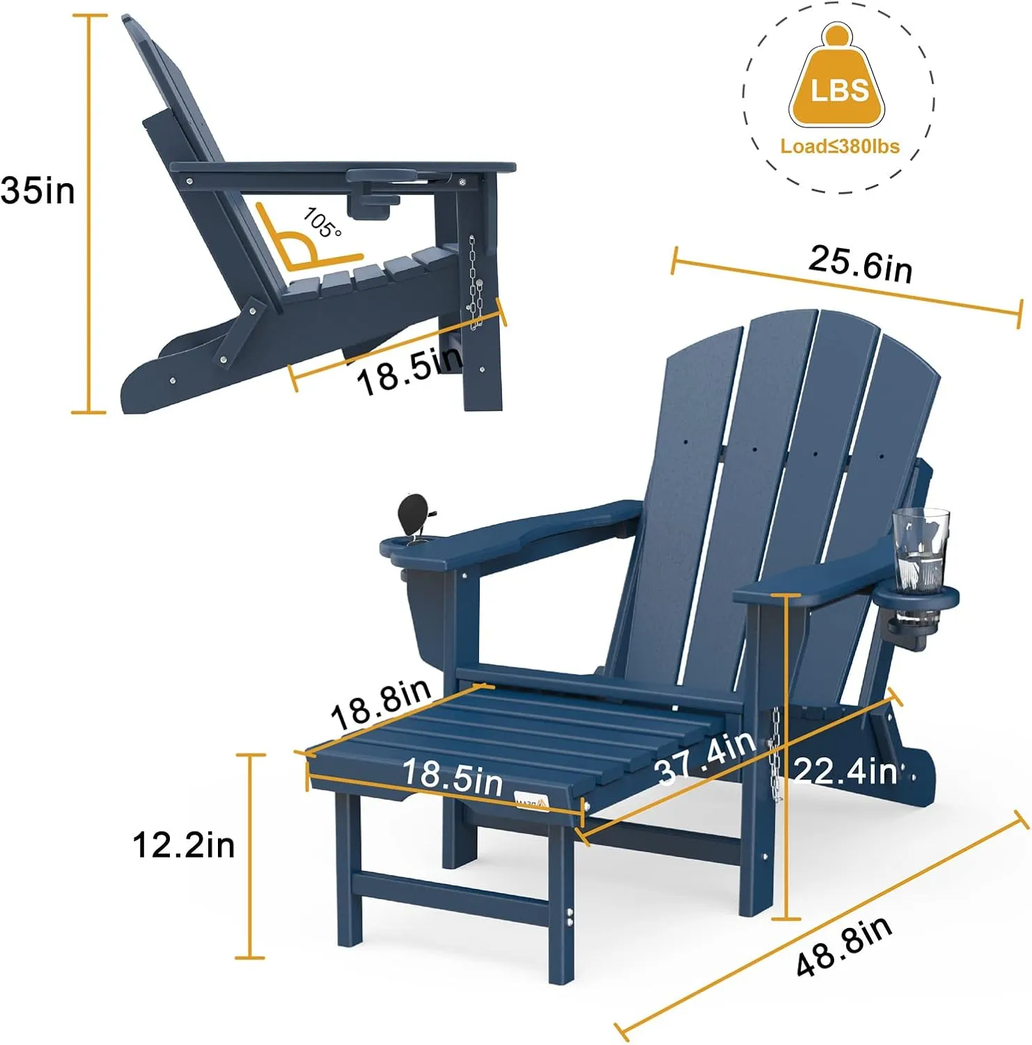 Mdeam Folding Adirondack Chair with Retractable Ottoman, HDPE All-Weather Fire Pit Chair with 2 Cup Holders, Outdoor Chair for Deck Patio Garden Backyard Lawn (Navy Blue)