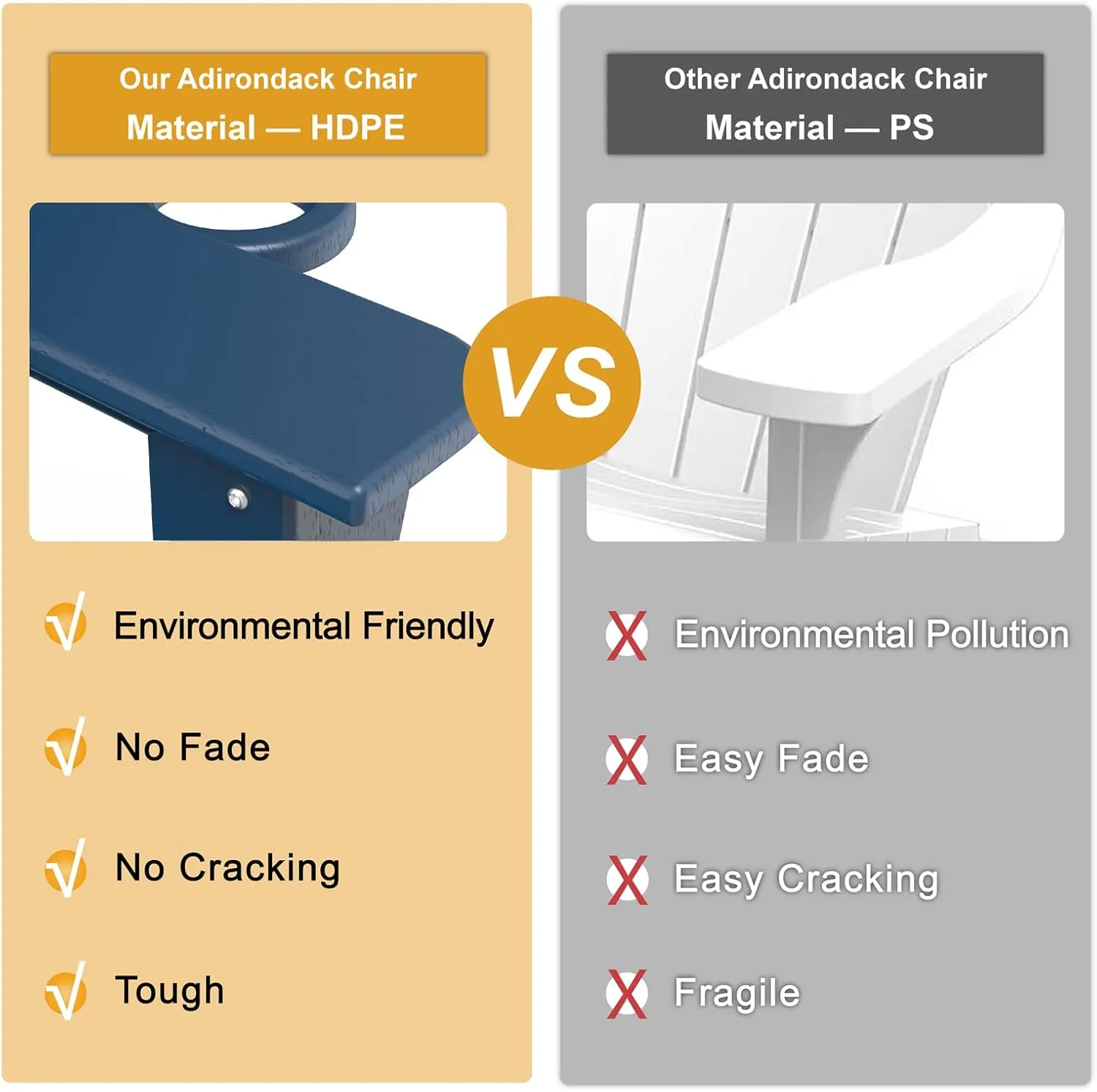 Mdeam Folding Adirondack Chair with Retractable Ottoman, HDPE All-Weather Fire Pit Chair with 2 Cup Holders, Outdoor Chair for Deck Patio Garden Backyard Lawn (Navy Blue)