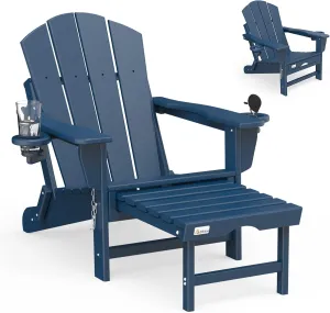 Mdeam Folding Adirondack Chair with Retractable Ottoman, HDPE All-Weather Fire Pit Chair with 2 Cup Holders, Outdoor Chair for Deck Patio Garden Backyard Lawn (Navy Blue)