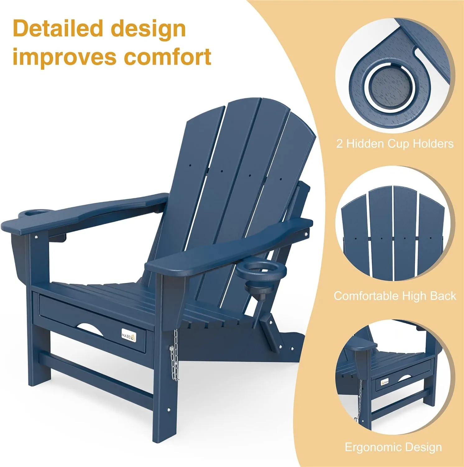 Mdeam Folding Adirondack Chair with Retractable Ottoman, HDPE All-Weather Fire Pit Chair with 2 Cup Holders, Outdoor Chair for Deck Patio Garden Backyard Lawn (Navy Blue)