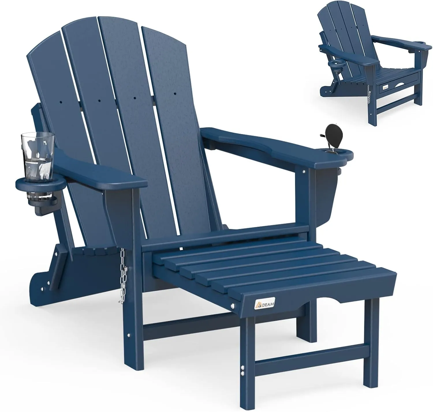 Mdeam Folding Adirondack Chair with Retractable Ottoman, HDPE All-Weather Fire Pit Chair with 2 Cup Holders, Outdoor Chair for Deck Patio Garden Backyard Lawn (Navy Blue)