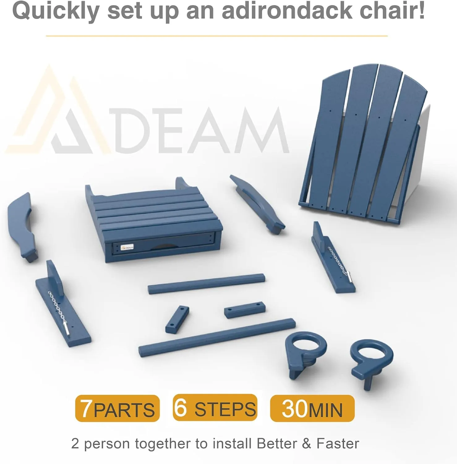 Mdeam Folding Adirondack Chair with Retractable Ottoman, HDPE All-Weather Fire Pit Chair with 2 Cup Holders, Outdoor Chair for Deck Patio Garden Backyard Lawn (Navy Blue)