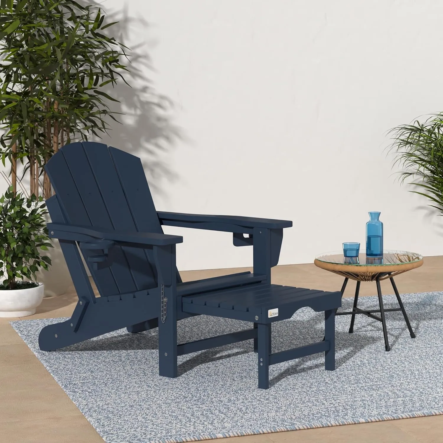 Mdeam Folding Adirondack Chair with Retractable Ottoman, HDPE All-Weather Fire Pit Chair with 2 Cup Holders, Outdoor Chair for Deck Patio Garden Backyard Lawn (Navy Blue)