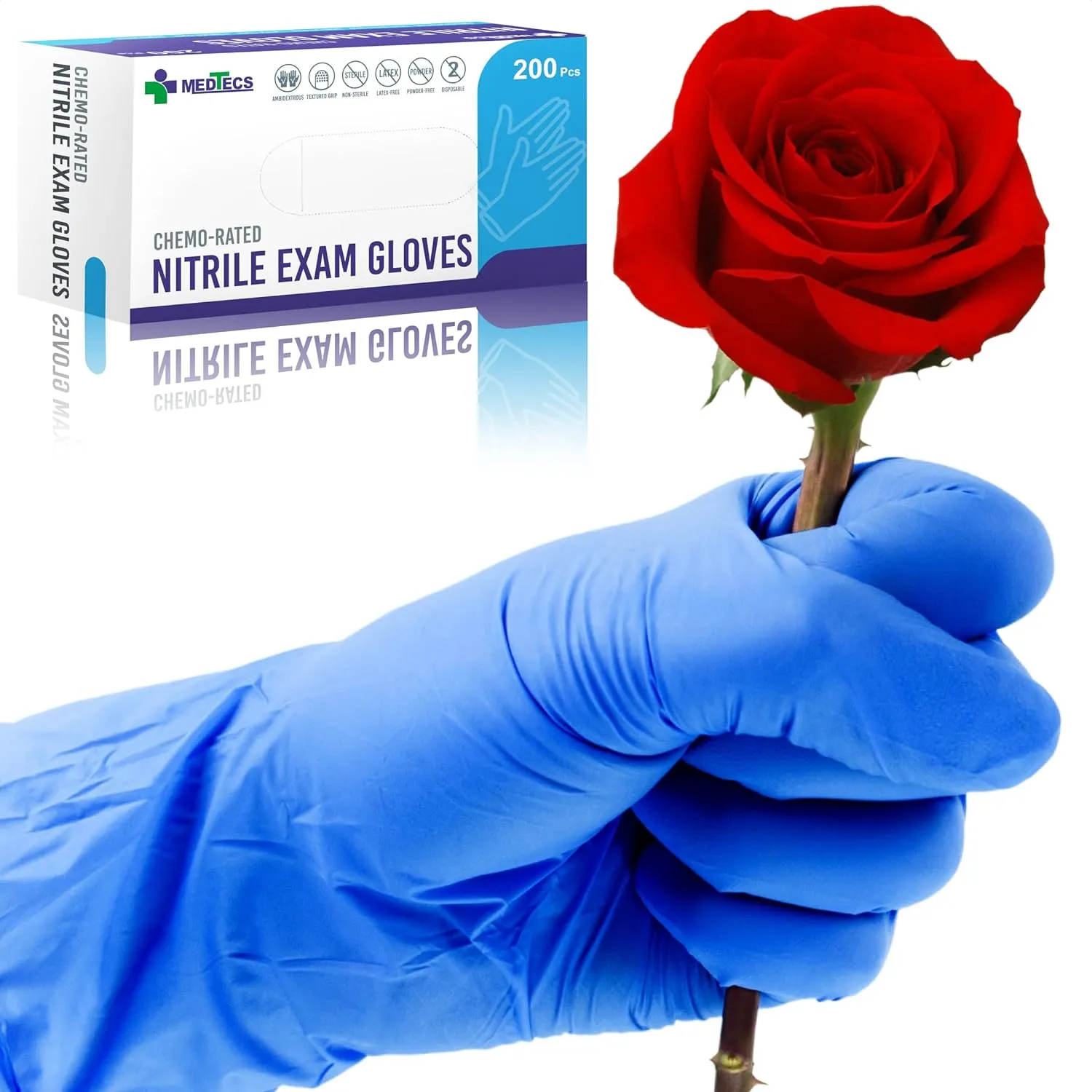 Medtecs Nitrile Gloves Disposable – Available in 200 & 2,000 pcs – Medical Grade, Chemo-Rated, 4 mil, Latex-Free, Powder-Free – Exam Gloves with Textured Fingertips – 200 pcs