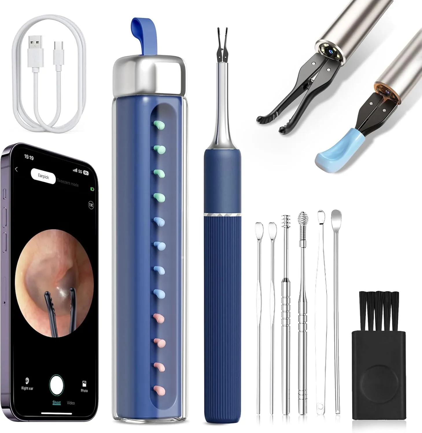 MEKK Smart Ear Wax Removal Kit S5-10MP HD Visual Ear Cleaner with Precision Tweezers, 12 Tools & Travel Case - Wireless Otoscope for iOS/Android​