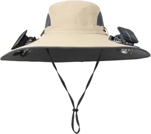 Men Women Wide Brim Sun Hats with 2 Solar Fan Waterproof Breathable Bucket Hat Outdoor Fishing Hat for Hiking Camping