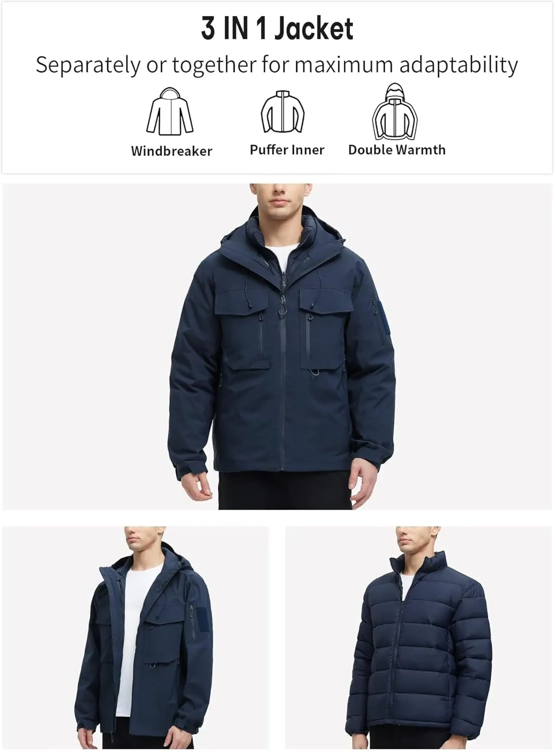Men's 3 in 1 Waterproof Winter Jackets Ski Warm Snow Rain Coat Puffer Liner Hood Windbreaker