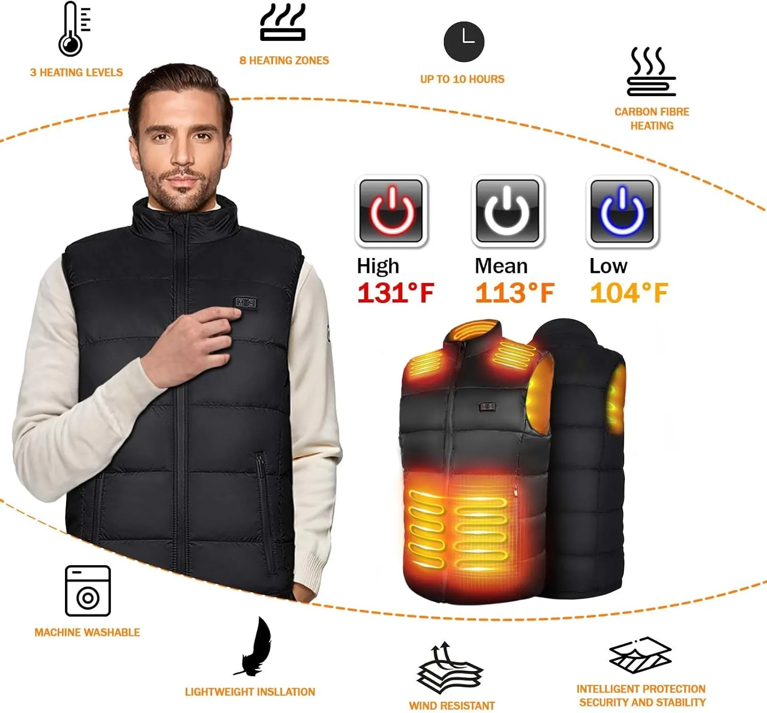 Men's Heated Vest with 10000mAh Battery,Smart Buttons Men Lightweight Heated Vest for Skiing, Hunting,Outdoor Camping