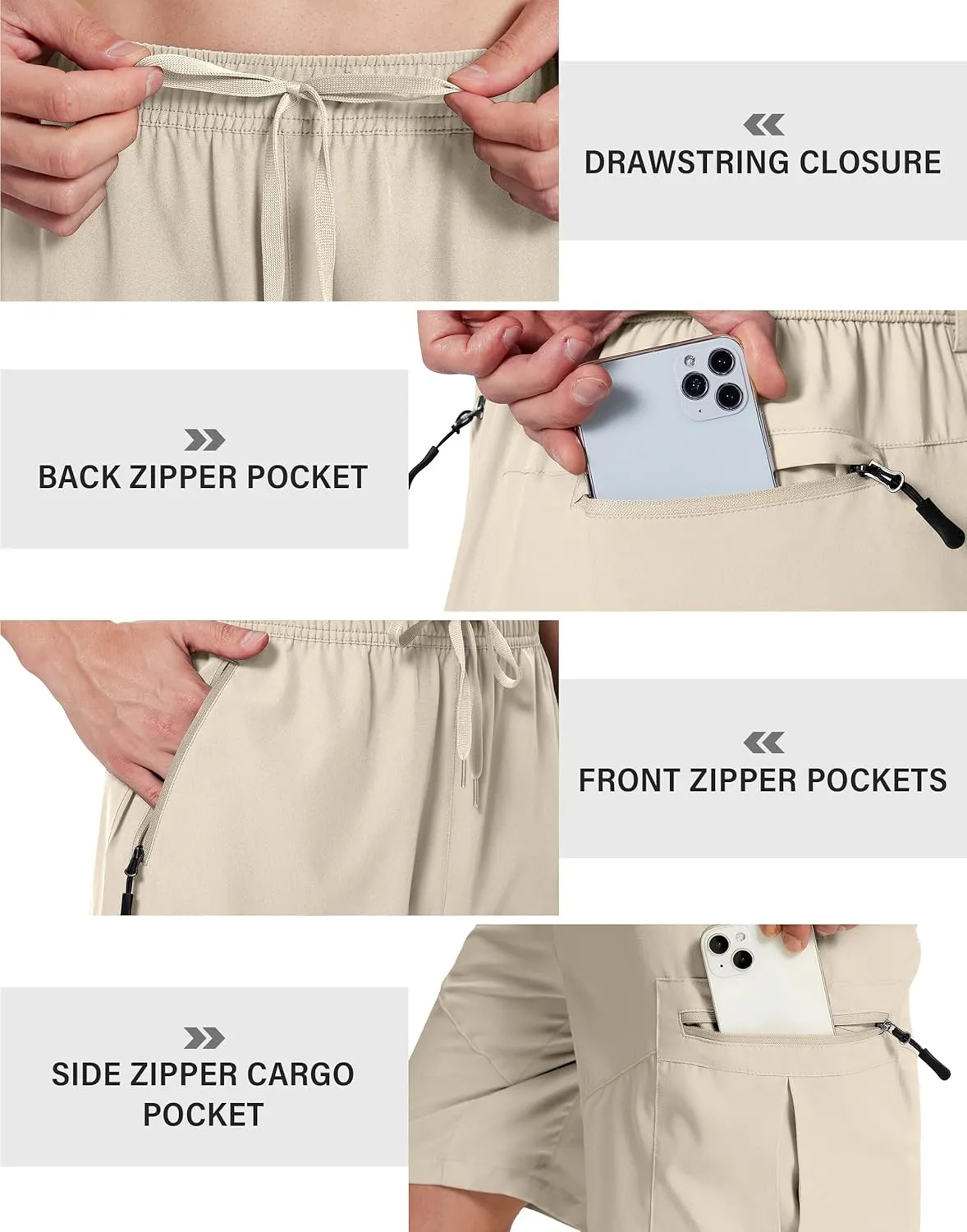 Mens Hiking Cargo Shorts 9 Inch with Zipper Pockets Quick Dry Stretch Lightweight Drawstring for Outdoor Fishing