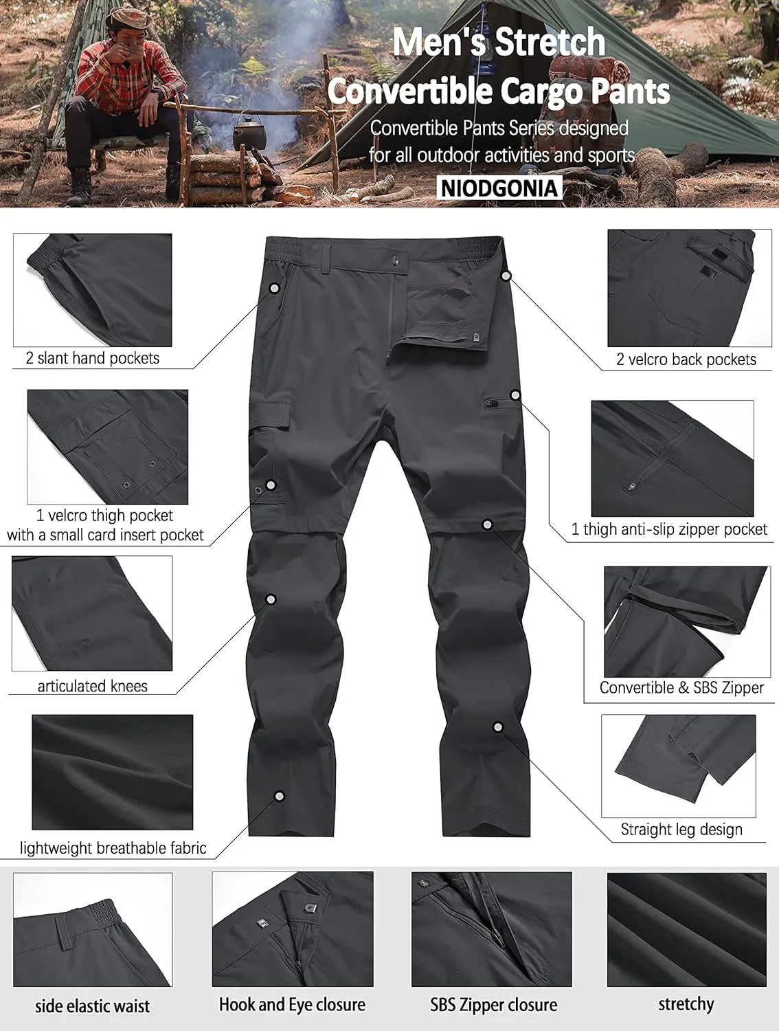 Mens Hiking Convertible Pants Waterproof Lightweight Quick Dry Zip Off Fishing Outdoor Cargo Work Trekking Trousers