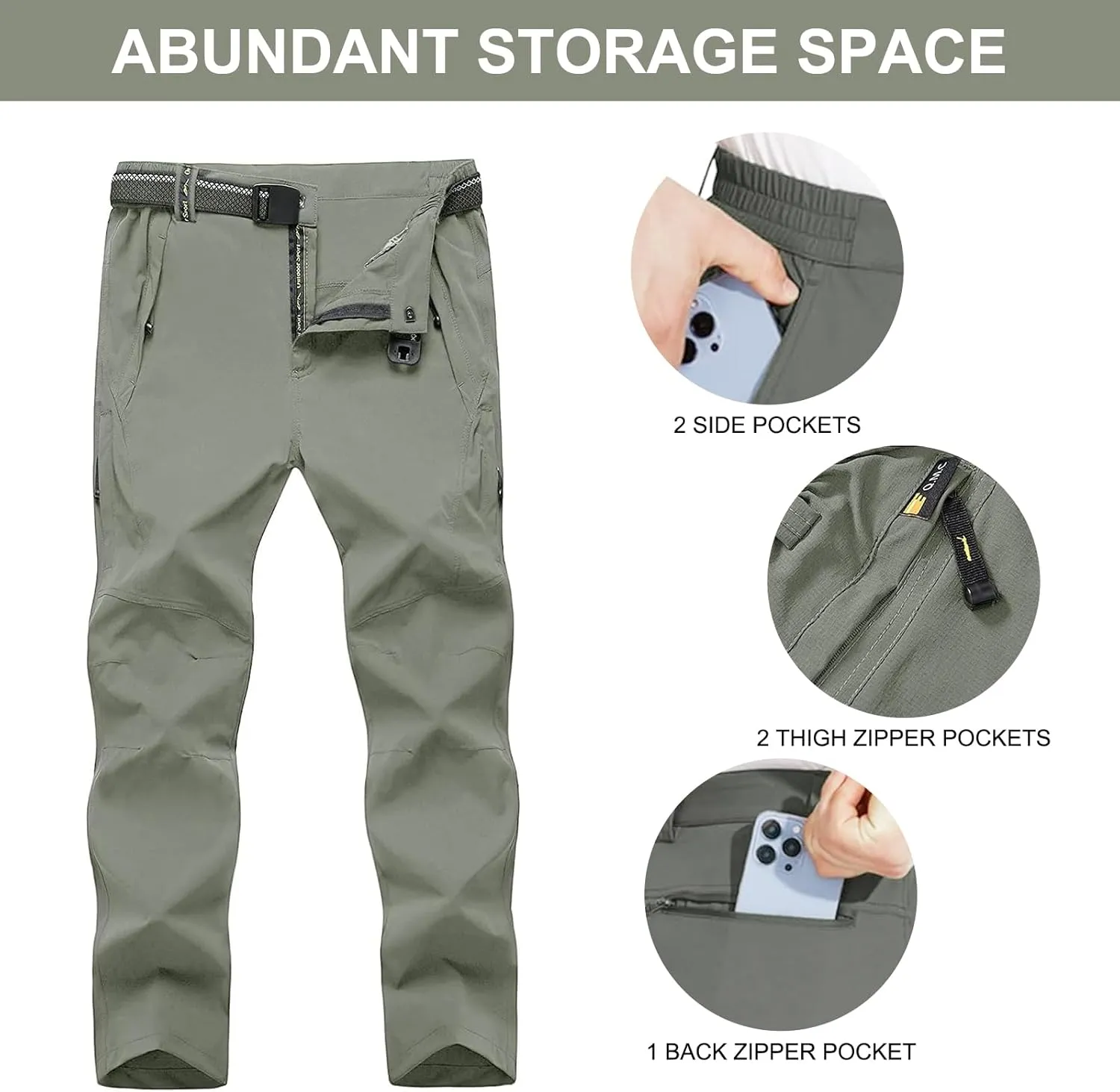 Men's Hiking Pants with Belt Outdoor Quick-Dry Lightweight Waterproof Mountain Pants with Zipper Pockets