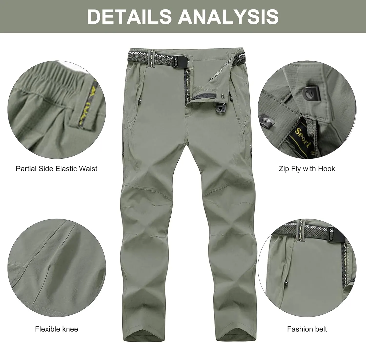 Men's Hiking Pants with Belt Outdoor Quick-Dry Lightweight Waterproof Mountain Pants with Zipper Pockets