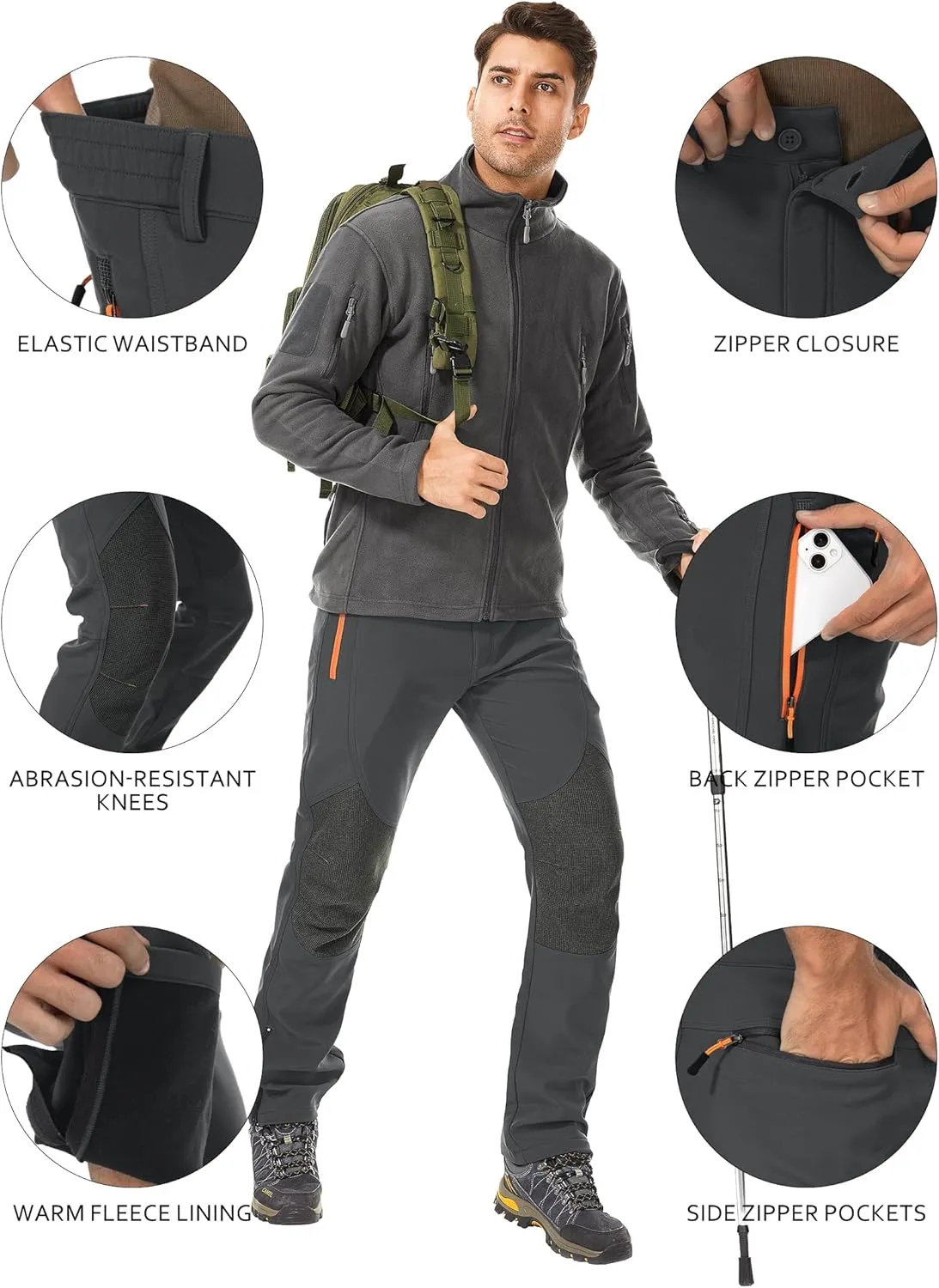 Men's Hiking Tactical Pants Lightweight Snow Ski Outdoor Waterproof Softshell Windproof Winter Fleece Lined Cargo