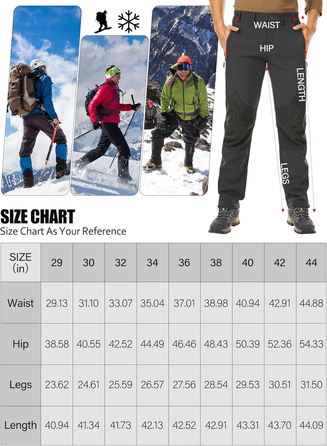 Men's Hiking Tactical Pants Lightweight Snow Ski Outdoor Waterproof Softshell Windproof Winter Fleece Lined Cargo