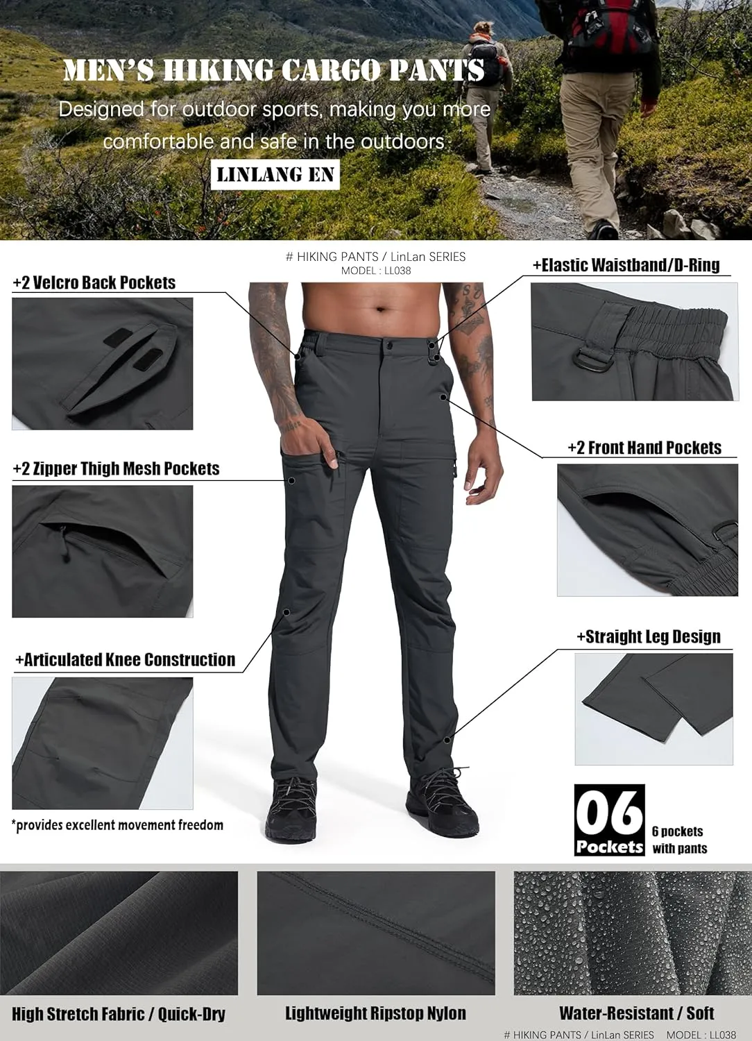 Men's Lightweight Hiking Cargo Pants Waterproof Quick Dry Travel Fishing Climbing Work Outdoor Pants