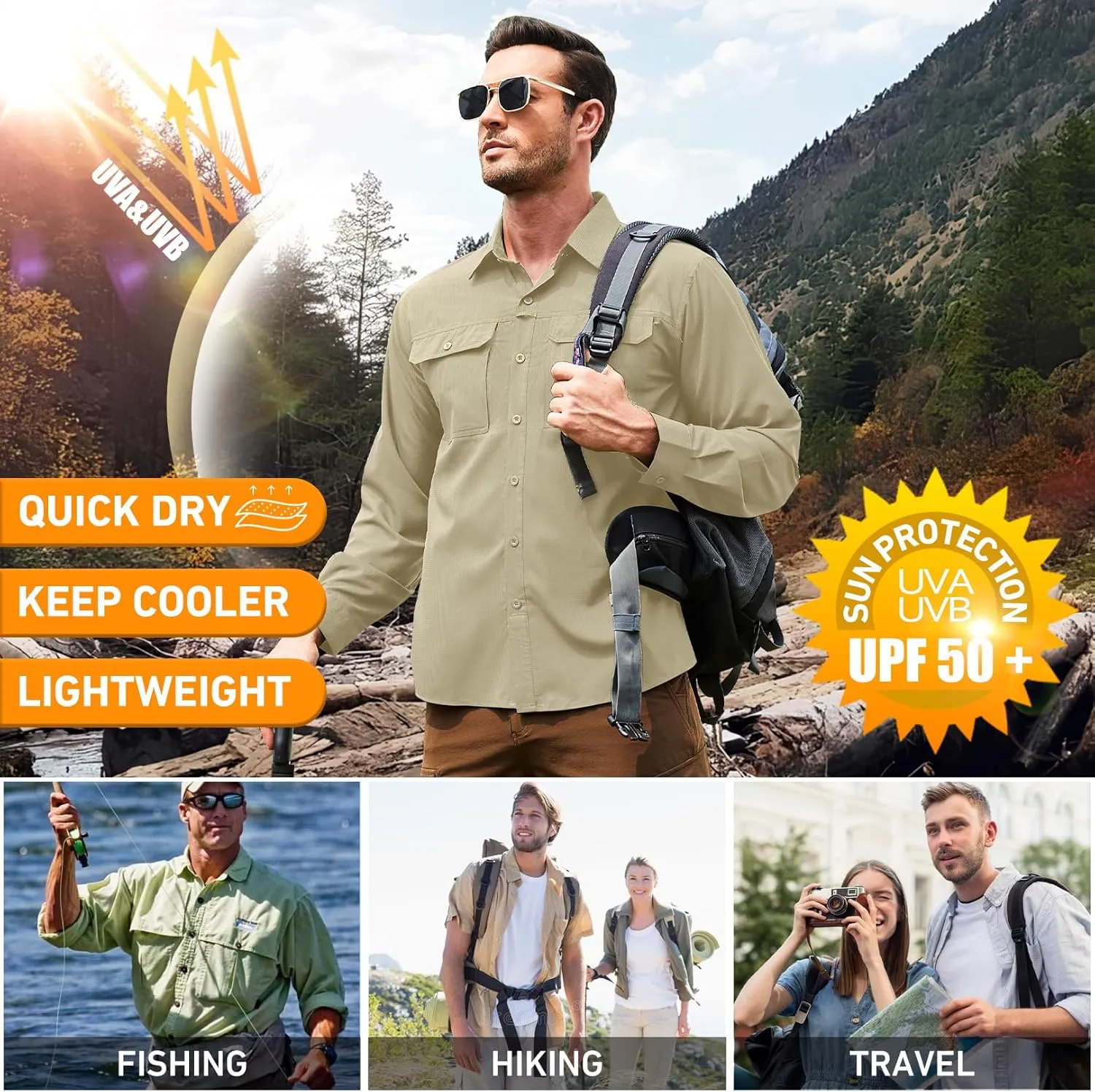 Men's Safari Hiking UPF 50  UV Long Sleeve Work Shirt Lightweight Quick Dry Cooling Outdoor Sun Protection Fishing Shirts