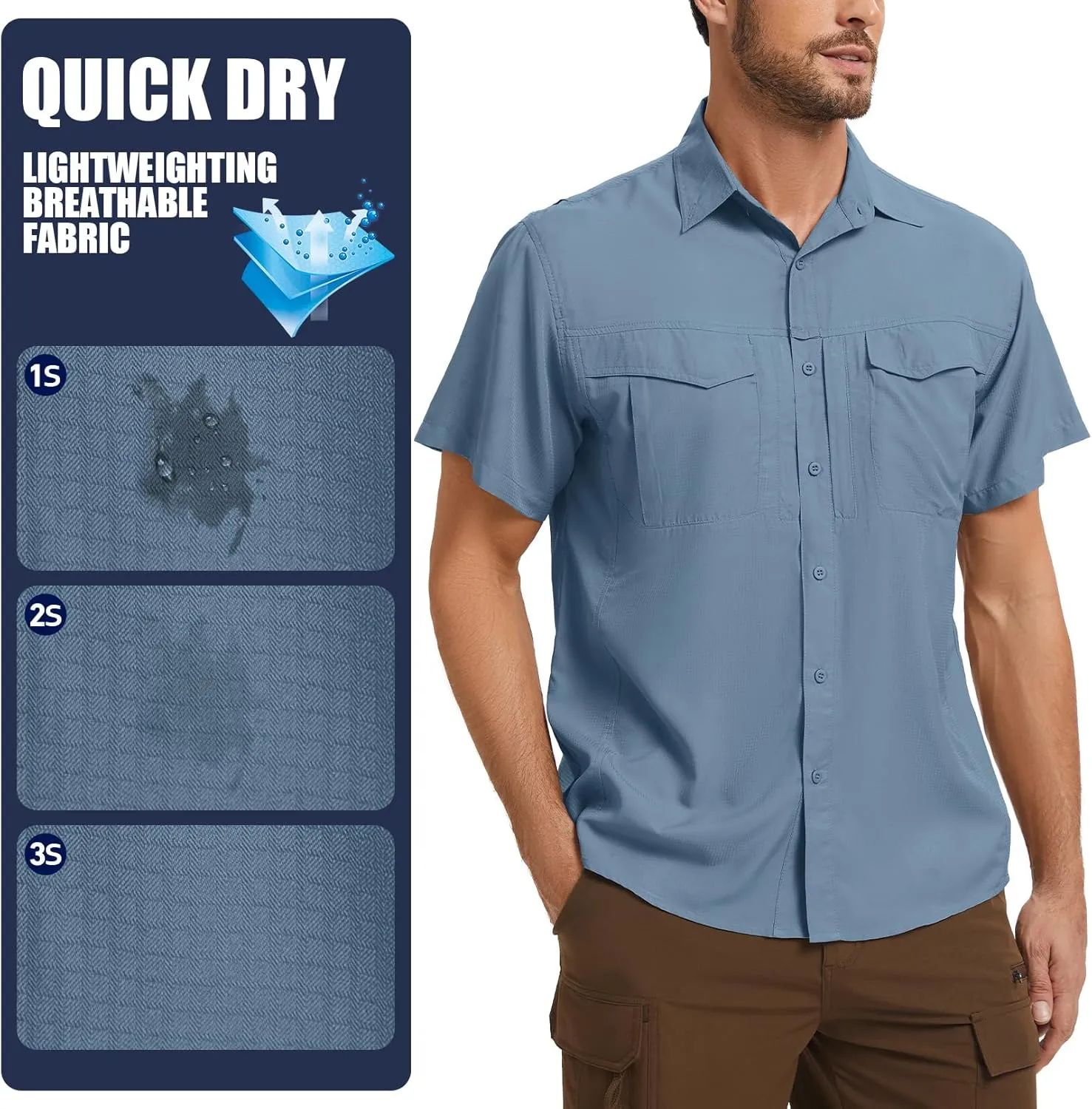 Men's Safari Hiking UPF 50  UV Short Sleeve Button Shirt Lightweight Cooling Quick Dry Outdoor Sun Protection Fishing Shirts