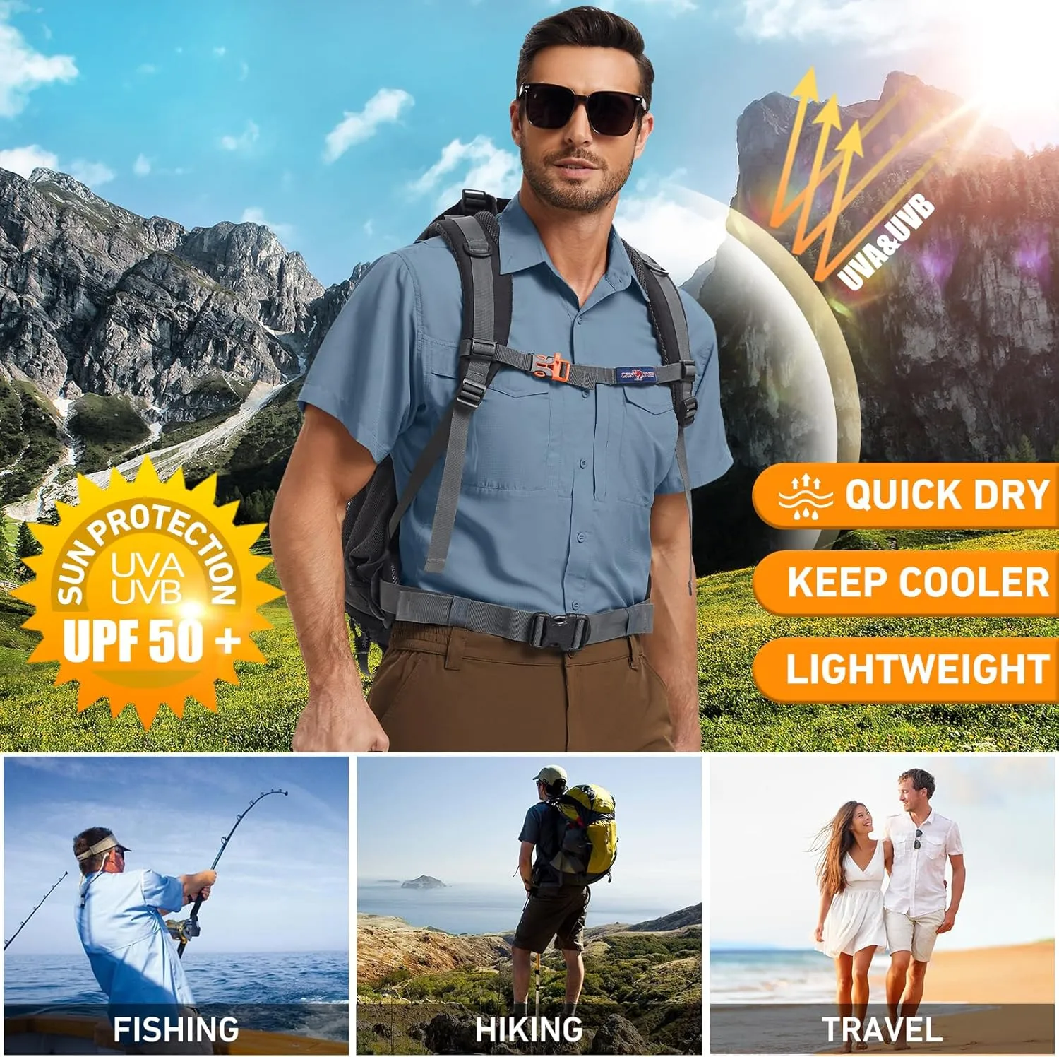 Men's Safari Hiking UPF 50  UV Short Sleeve Button Shirt Lightweight Cooling Quick Dry Outdoor Sun Protection Fishing Shirts