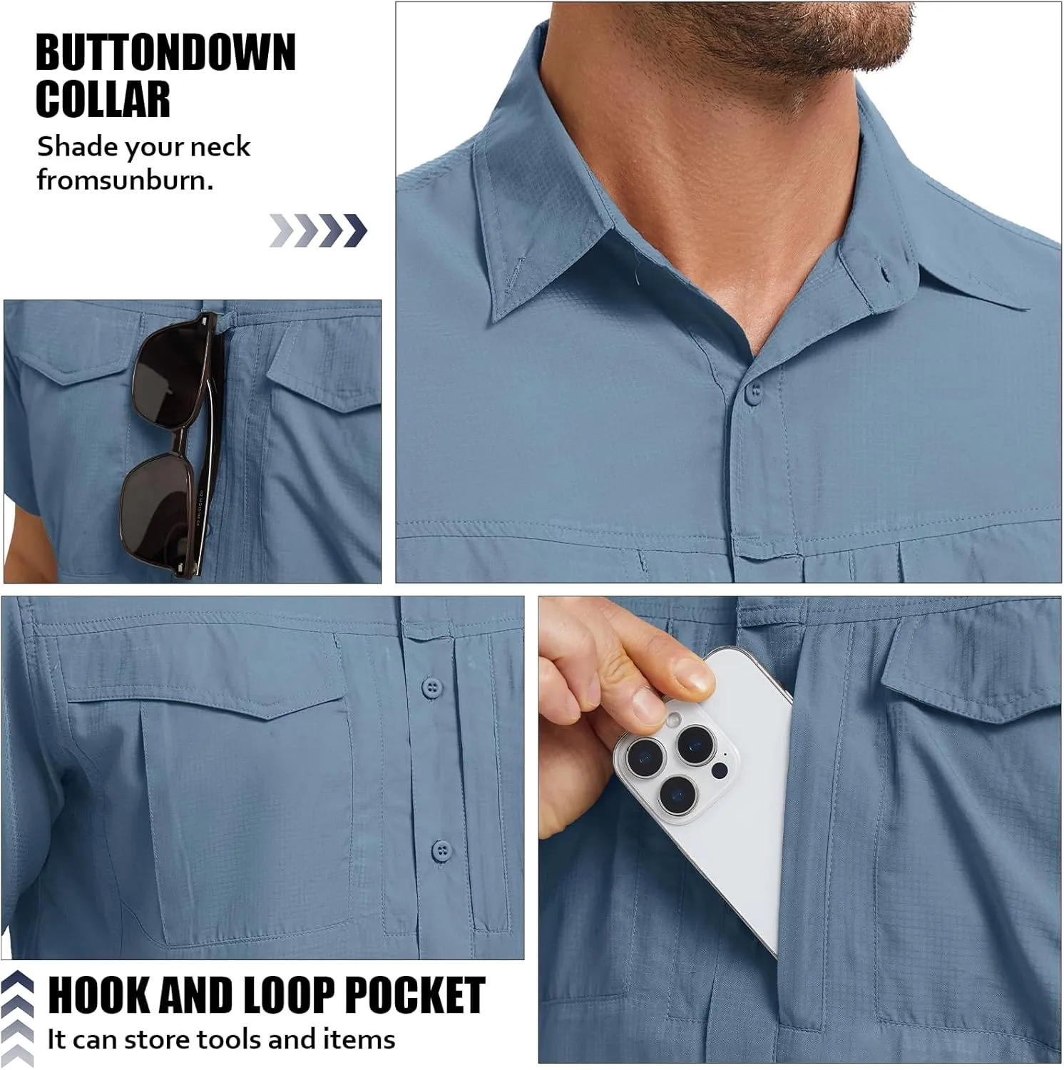 Men's Safari Hiking UPF 50  UV Short Sleeve Button Shirt Lightweight Cooling Quick Dry Outdoor Sun Protection Fishing Shirts