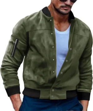 Men’s Suede Bomber Jacket Lightweight Classic Fit Snap Button Down Varsity Coat Casual Spring Fall Windbreaker