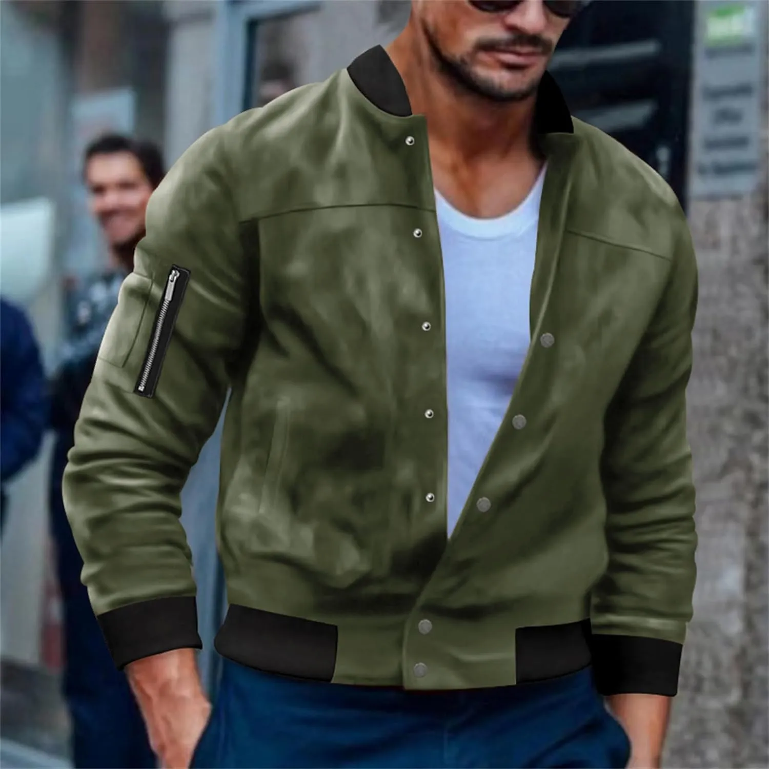 Men’s Suede Bomber Jacket Lightweight Classic Fit Snap Button Down Varsity Coat Casual Spring Fall Windbreaker