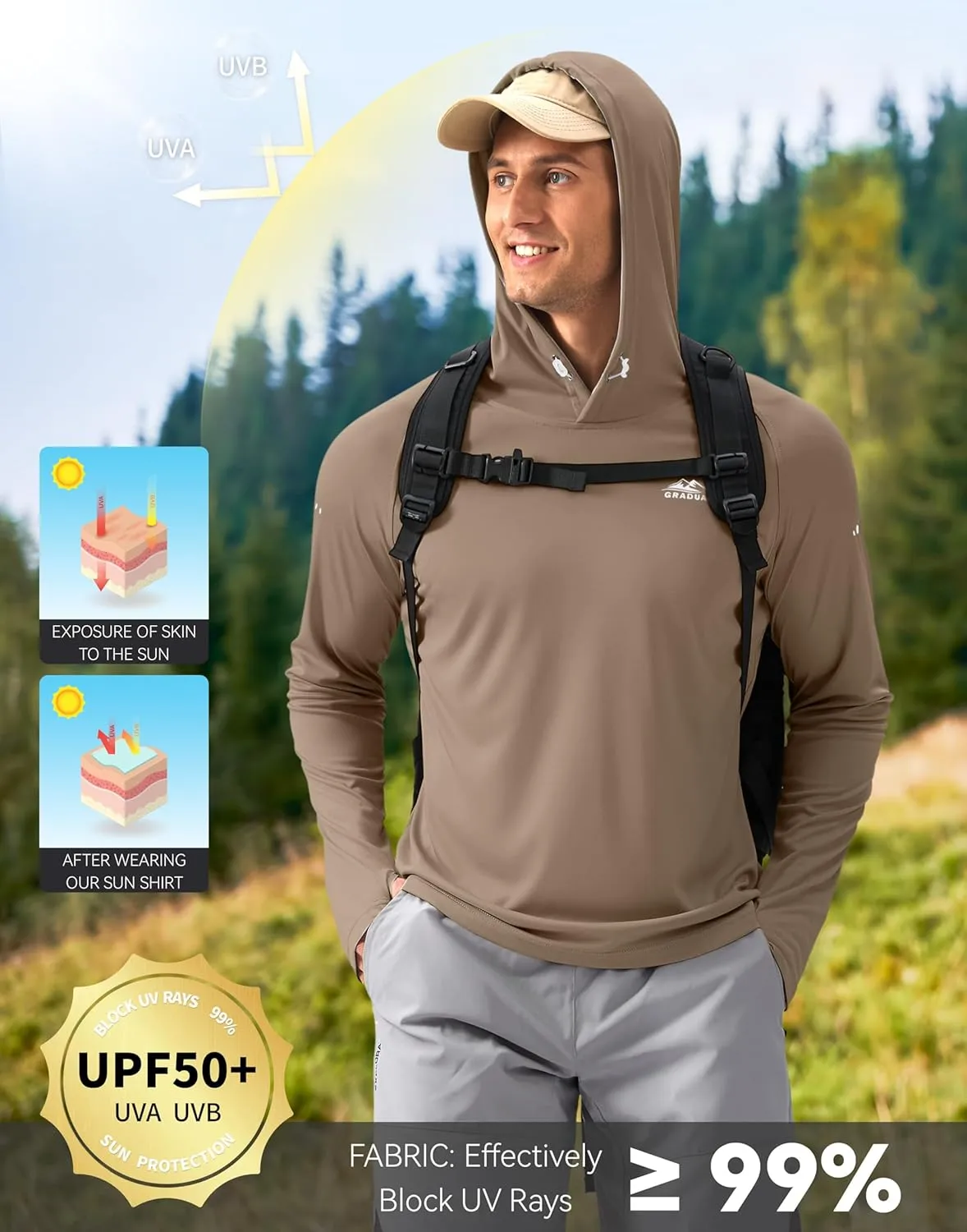 Men's Sun Protection Hoodie Shirt UPF 50  Long Sleeve Fishing Rash Guard UV SPF Summer Lightweight Hiking Shirt for Men