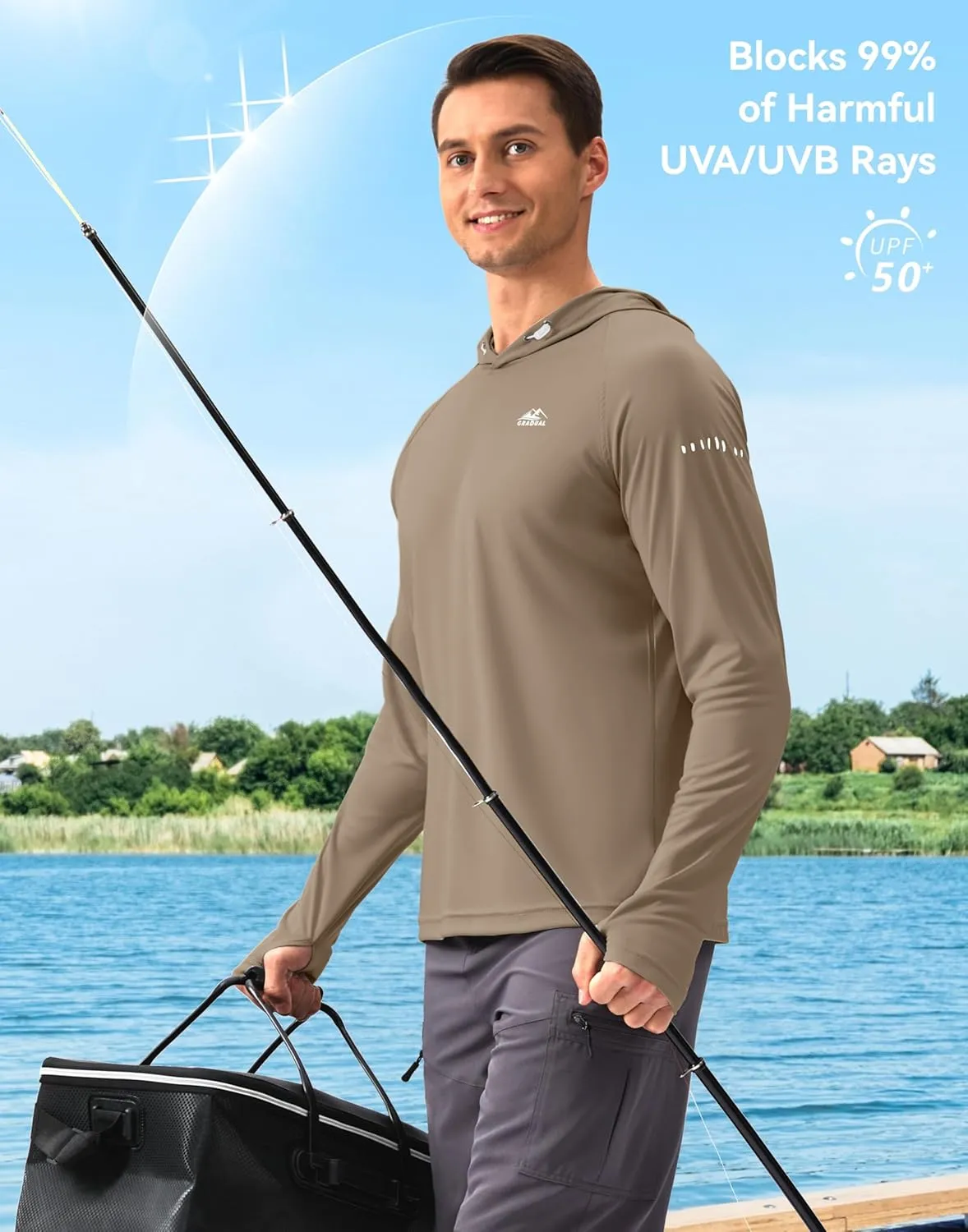 Men's Sun Protection Hoodie Shirt UPF 50  Long Sleeve Fishing Rash Guard UV SPF Summer Lightweight Hiking Shirt for Men