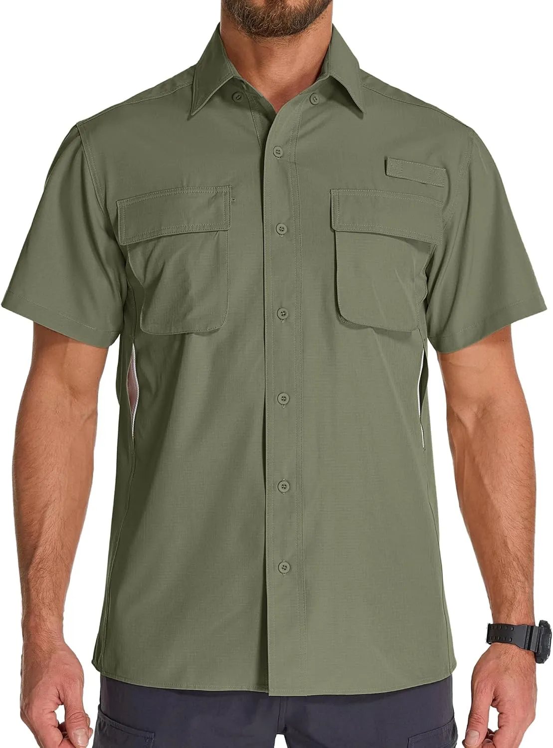 Mens UPF 50  Sun Protection Short Sleeve Quick Dry Fishing Safari Hiking Shirt with Zipper Pocket Lightweight Cooling