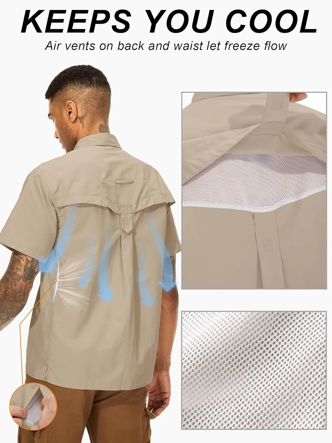 Mens UPF 50  Sun Protection Short Sleeve Quick Dry Fishing Safari Hiking Shirt with Zipper Pocket Lightweight Cooling