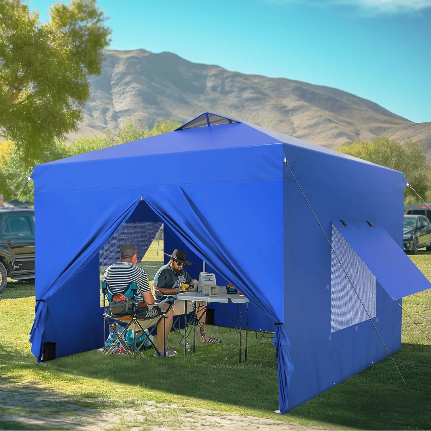 MFSTUDIO 10x10 Pop Up Canopy Tent with Removable Sidewalls, Outdoor Enclosed Instant Portable Shelter with Breathable Mesh Windows, One Person Setup, Blue