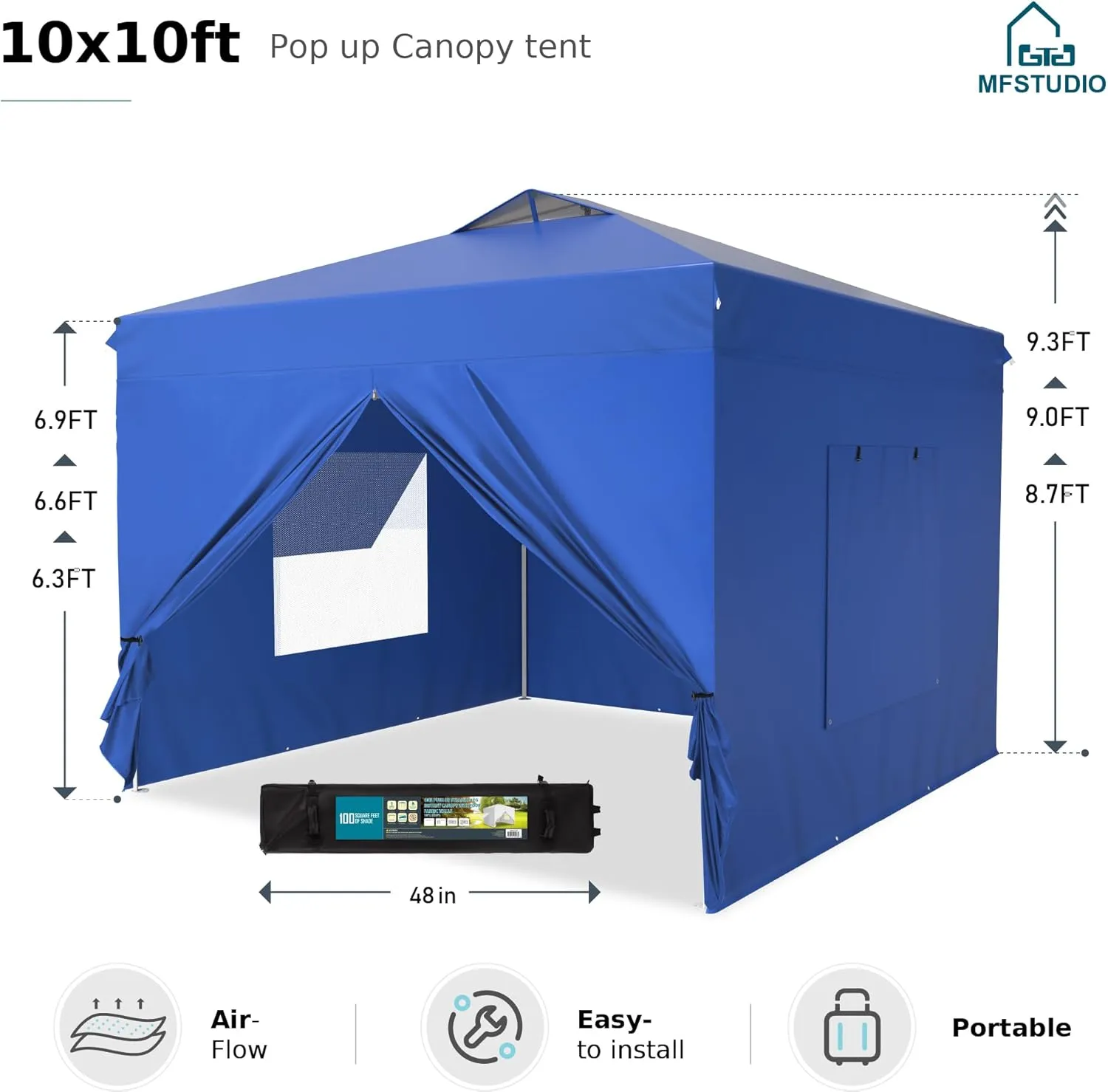 MFSTUDIO 10x10 Pop Up Canopy Tent with Removable Sidewalls, Outdoor Enclosed Instant Portable Shelter with Breathable Mesh Windows, One Person Setup, Blue
