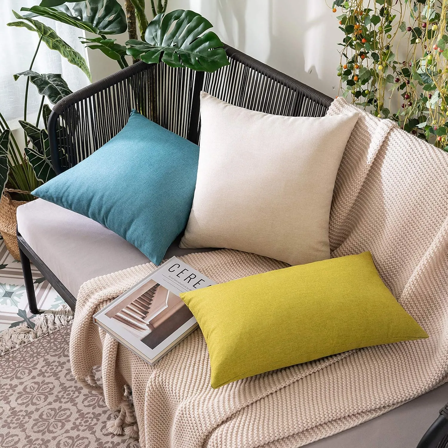 MIULEE Pack of 2 Decorative Outdoor Solid Waterproof Throw Pillow Covers Faux Linen Garden Farmhouse Cushion Cases for Patio Tent Balcony Couch Sofa 20x20 inch Beige