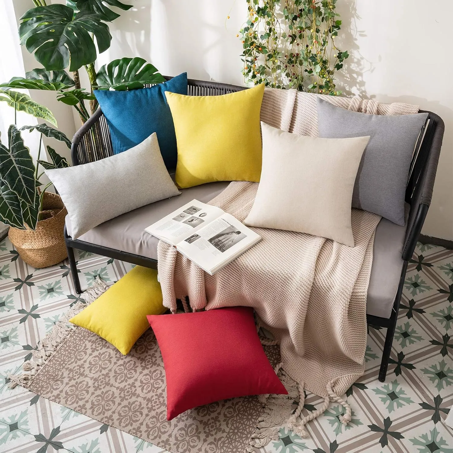 MIULEE Pack of 2 Decorative Outdoor Solid Waterproof Throw Pillow Covers Faux Linen Garden Farmhouse Cushion Cases for Patio Tent Balcony Couch Sofa 20x20 inch Beige