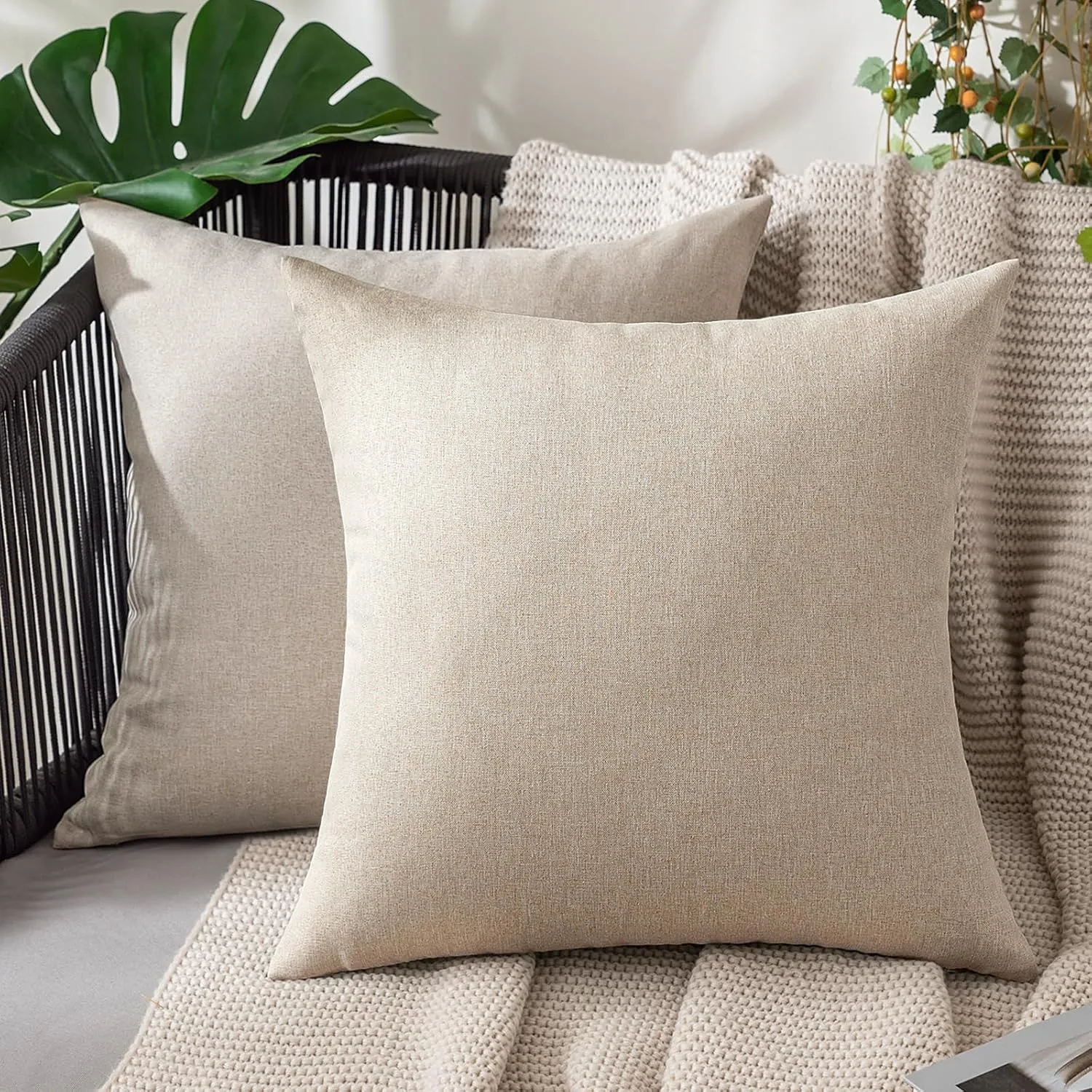 MIULEE Pack of 2 Decorative Outdoor Solid Waterproof Throw Pillow Covers Faux Linen Garden Farmhouse Cushion Cases for Patio Tent Balcony Couch Sofa 20x20 inch Beige