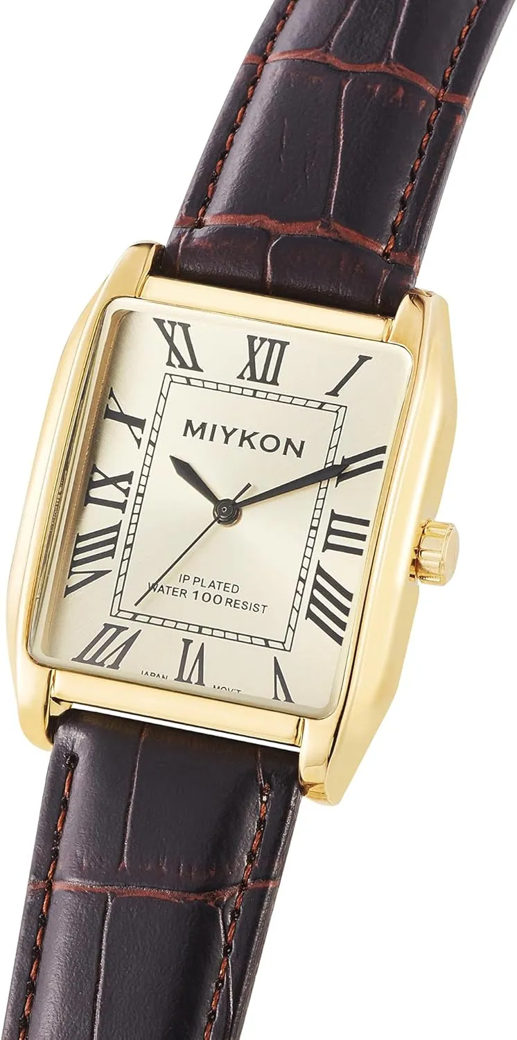Miykon Vintage Watches for Men - Tank Square Analog Watch with Genuine Leather Wrist Strap for Classic Dress - Ion Polished, Scratch Resistant Glass, Japanese Quartz, Waterproof to 100ft