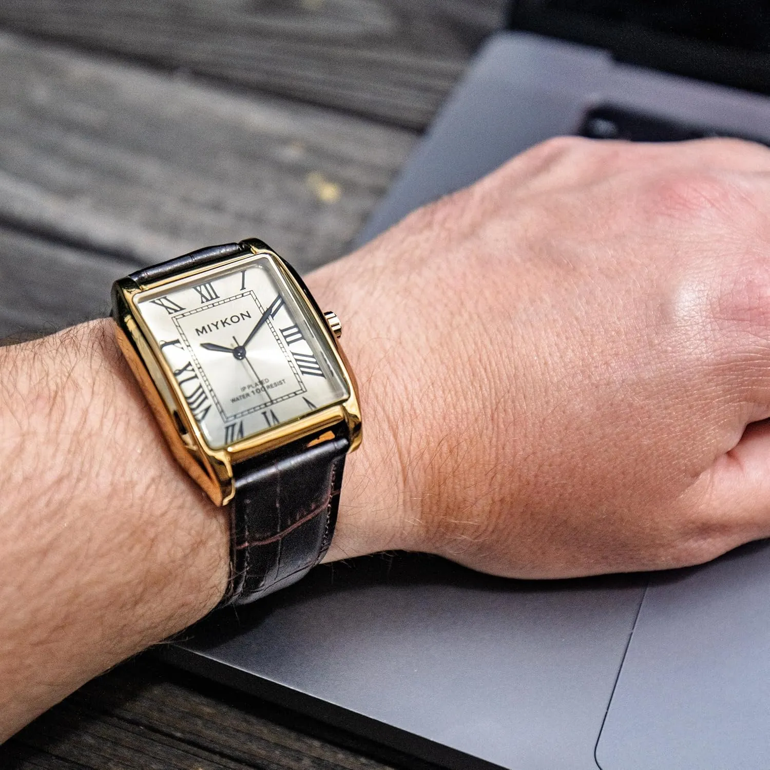 Miykon Vintage Watches for Men - Tank Square Analog Watch with Genuine Leather Wrist Strap for Classic Dress - Ion Polished, Scratch Resistant Glass, Japanese Quartz, Waterproof to 100ft