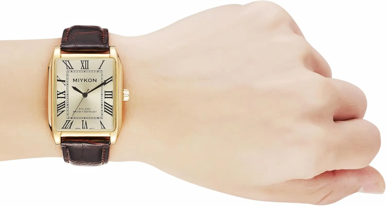 Miykon Vintage Watches for Men - Tank Square Analog Watch with Genuine Leather Wrist Strap for Classic Dress - Ion Polished, Scratch Resistant Glass, Japanese Quartz, Waterproof to 100ft