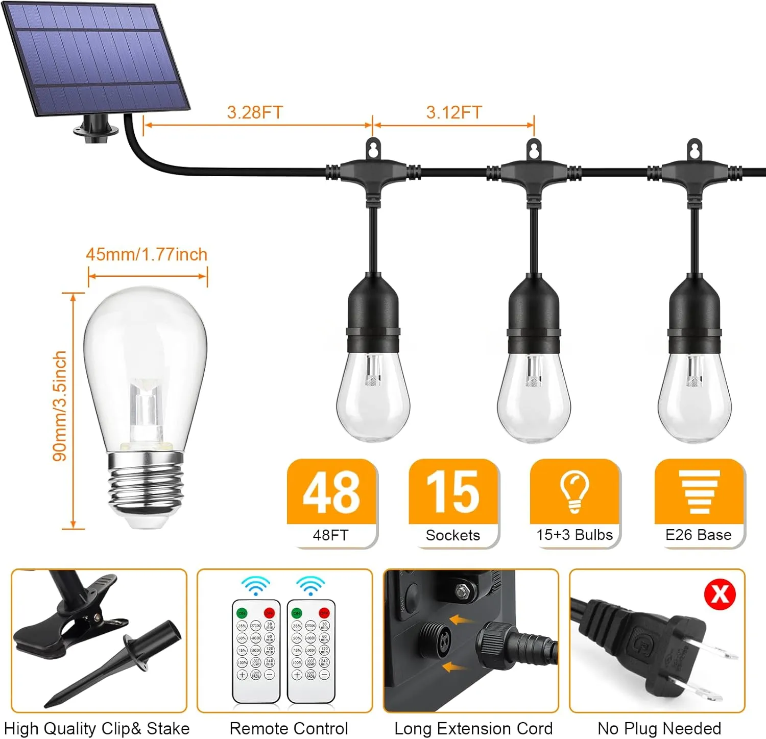 Mlambert 3-Color in 1 Solar String Lights Outdoor Waterproof Dimmable, 48ft Remote LED Patio Lights,15 Hanging Sockets Shatterproof Light for Backyard