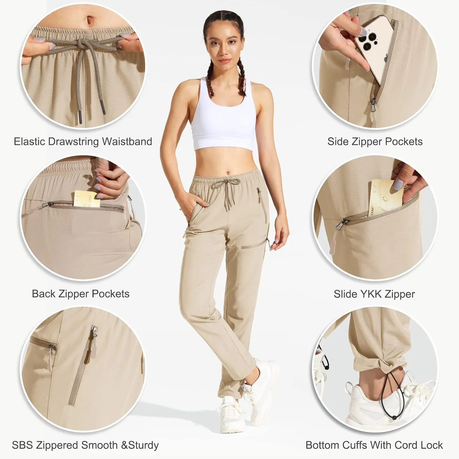 MOCOLY Women's Cargo Hiking Pants Elastic Waist Quick Dry Lightweight Outdoor Water Resistant UPF 50  Long Pants Zipper