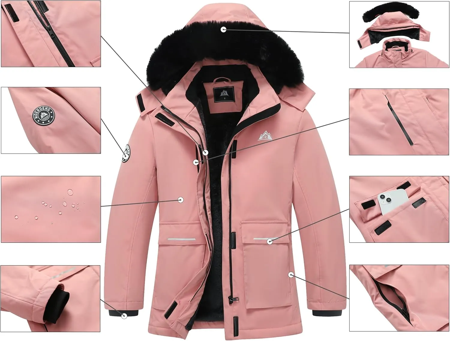 MOERDENG Women's Waterproof Winter Snow Coat Windproof Ski Jacket Hooded Snowboarding Jackets