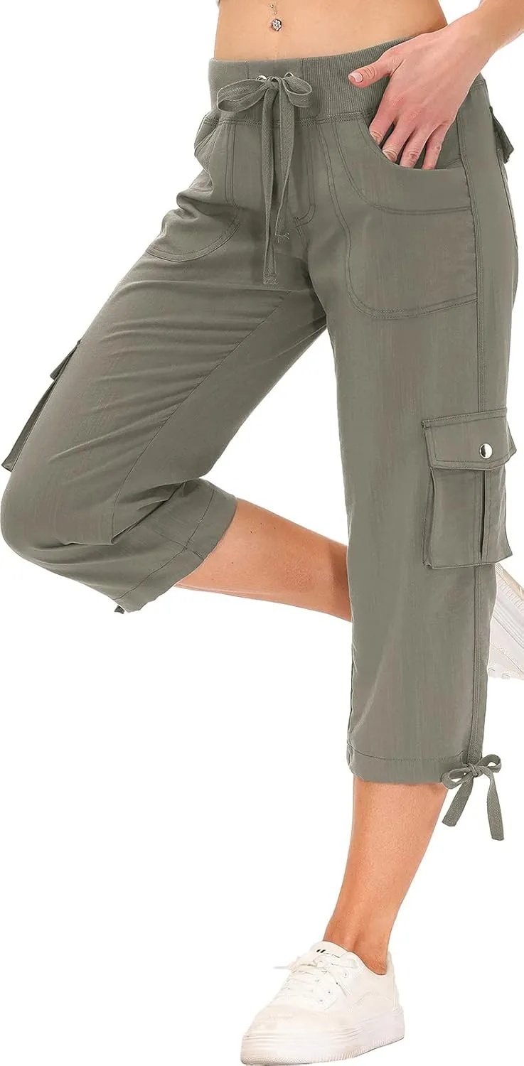 MoFiz Womens Capris with Pockets Loose Fit Casual Capri Pants Dressy Lightweight Ladies Baggy Cargo Pants for Hiking