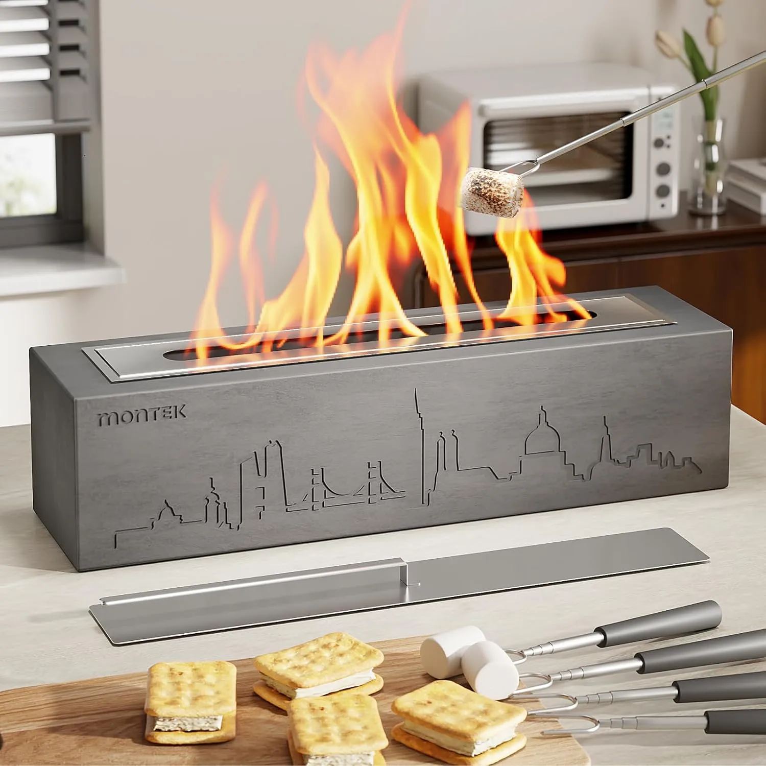 monTEK Tabletop Fire Pit, Concrete Table Top Firepit with Adjustable Flame Plate, Table Top Portable Fireplace Smores Maker Smokeless for Indoor Outdoor with Extinguisher, Up to 2 Hours