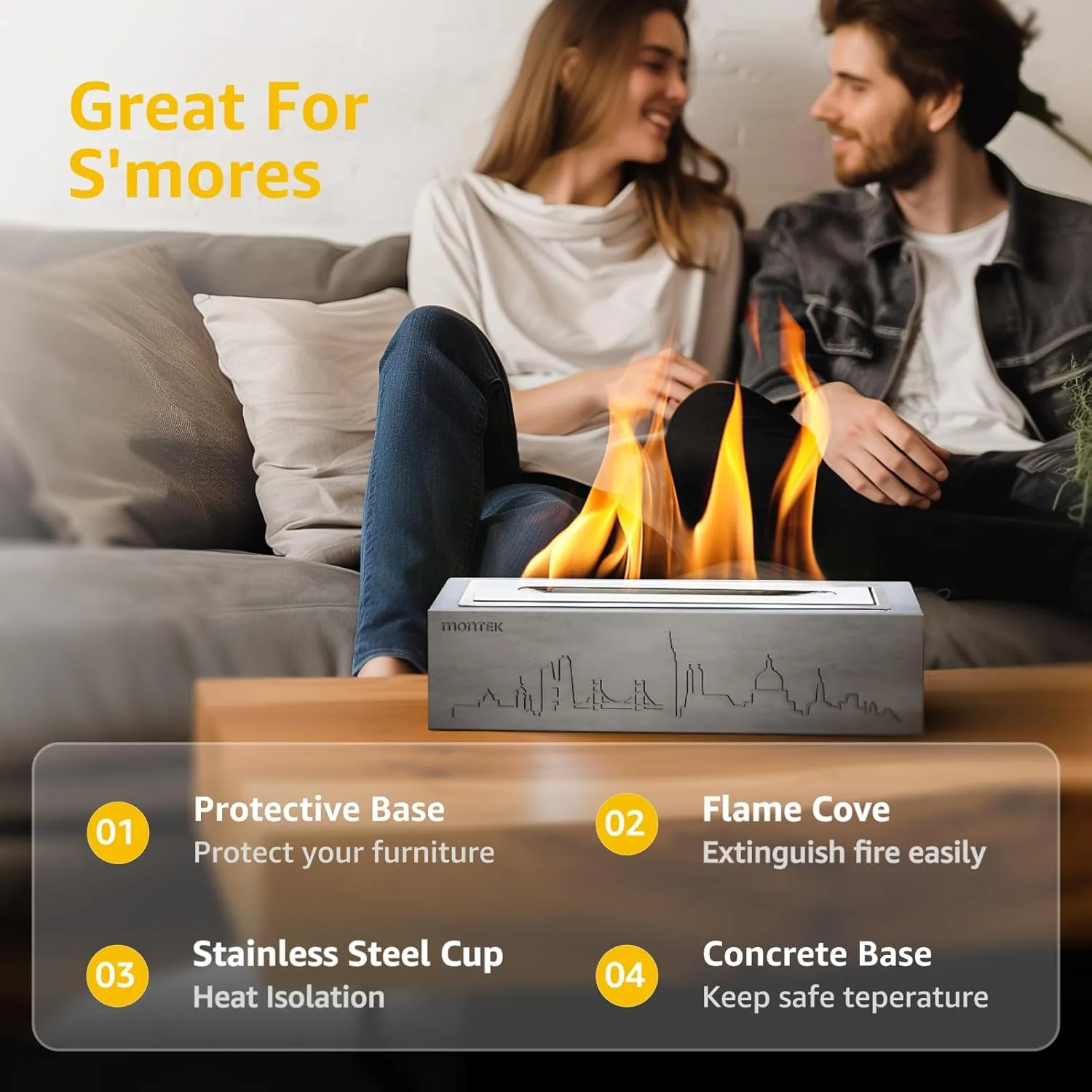 monTEK Tabletop Fire Pit, Concrete Table Top Firepit with Adjustable Flame Plate, Table Top Portable Fireplace Smores Maker Smokeless for Indoor Outdoor with Extinguisher, Up to 2 Hours