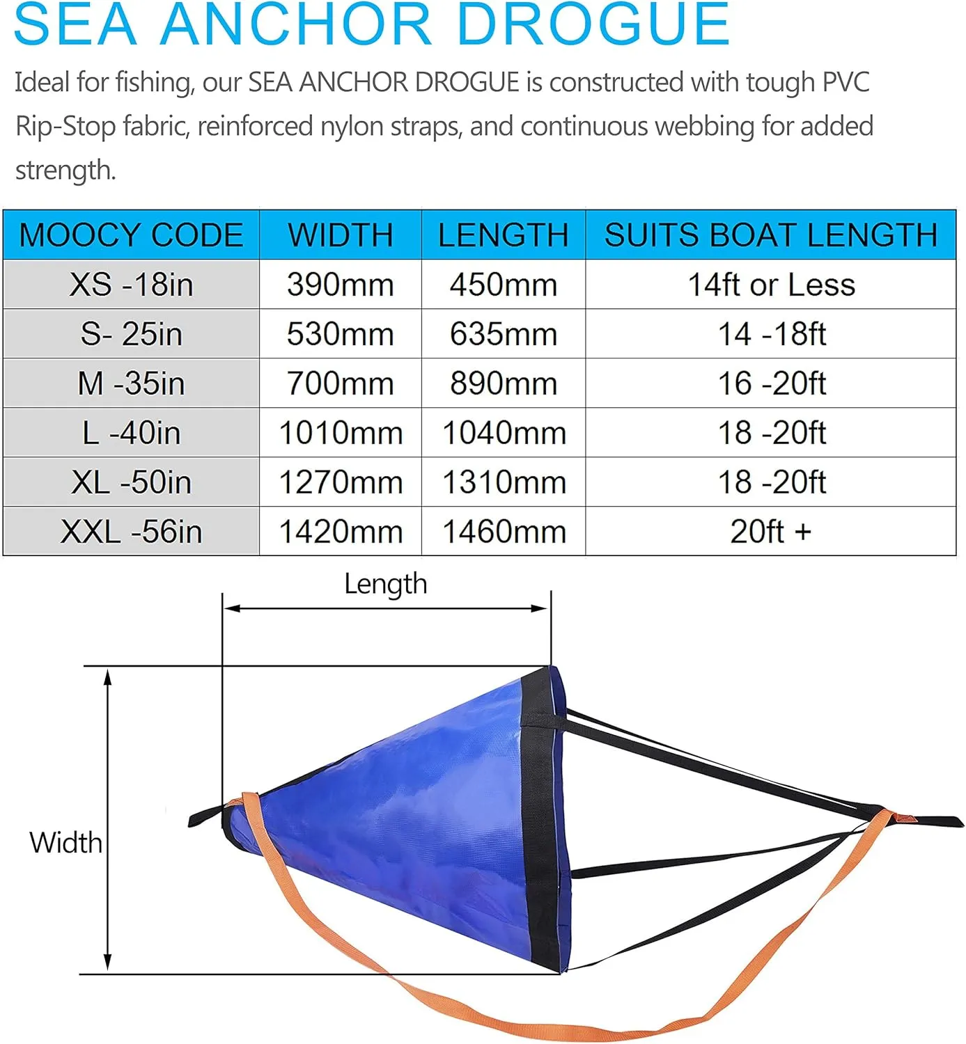 MOOCY Drift Sock with Harness Buoy, Dump Line and Storage Mesh Bag Kit for Fishing Boat, Kayak, Pontoon (56"  20ft. Rope Float for 20ft   Boat)