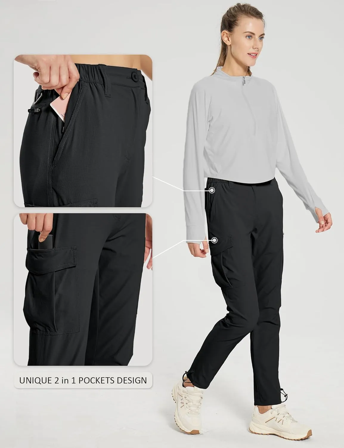 MOURCE Womens Hiking Pants Lightweight - Quick Dry Water Resistant UPF 50 Travel Pants with 7 Pockets & Adjustable Cuffs