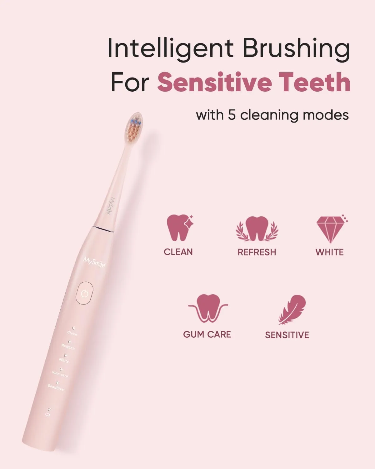 MySmile DY156 Electric Toothbrush for Adults, Rechargeable Sonic Battery Toothbrush Portable with 3 Brush Heads, 2 Mins 5 Modes Smart Timer, 45000VPM, One Charge for 60 Days - Pink