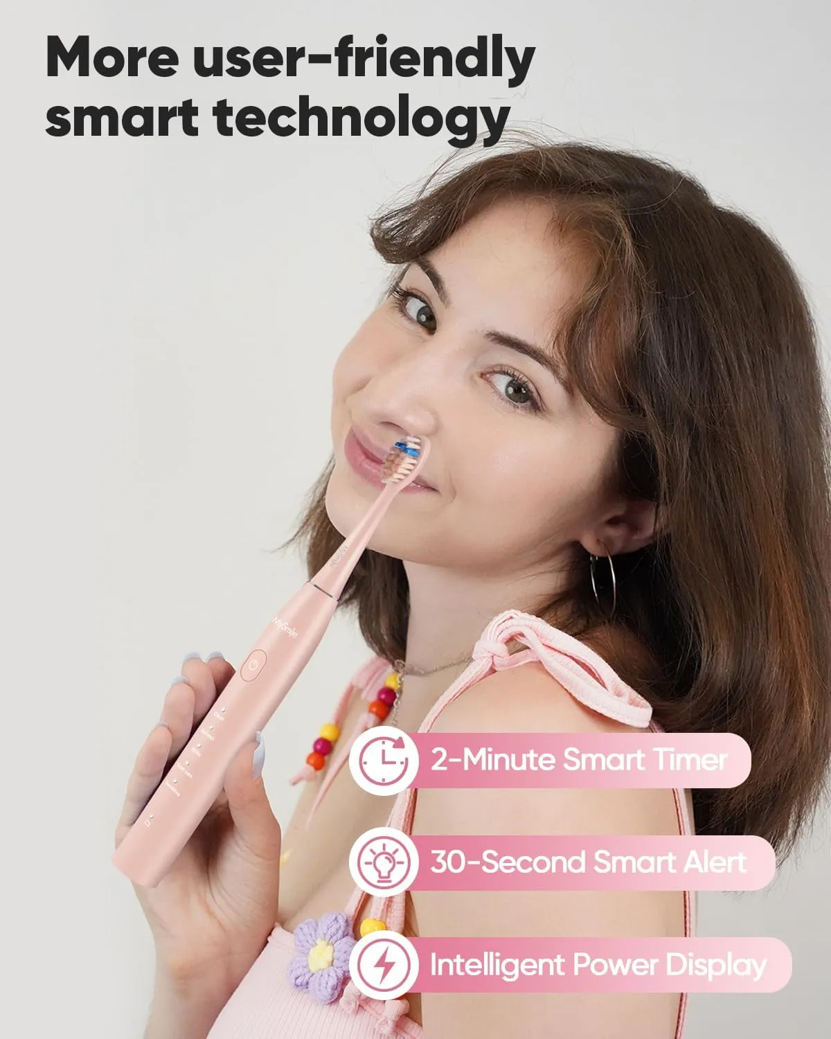 MySmile DY156 Electric Toothbrush for Adults, Rechargeable Sonic Battery Toothbrush Portable with 3 Brush Heads, 2 Mins 5 Modes Smart Timer, 45000VPM, One Charge for 60 Days - Pink